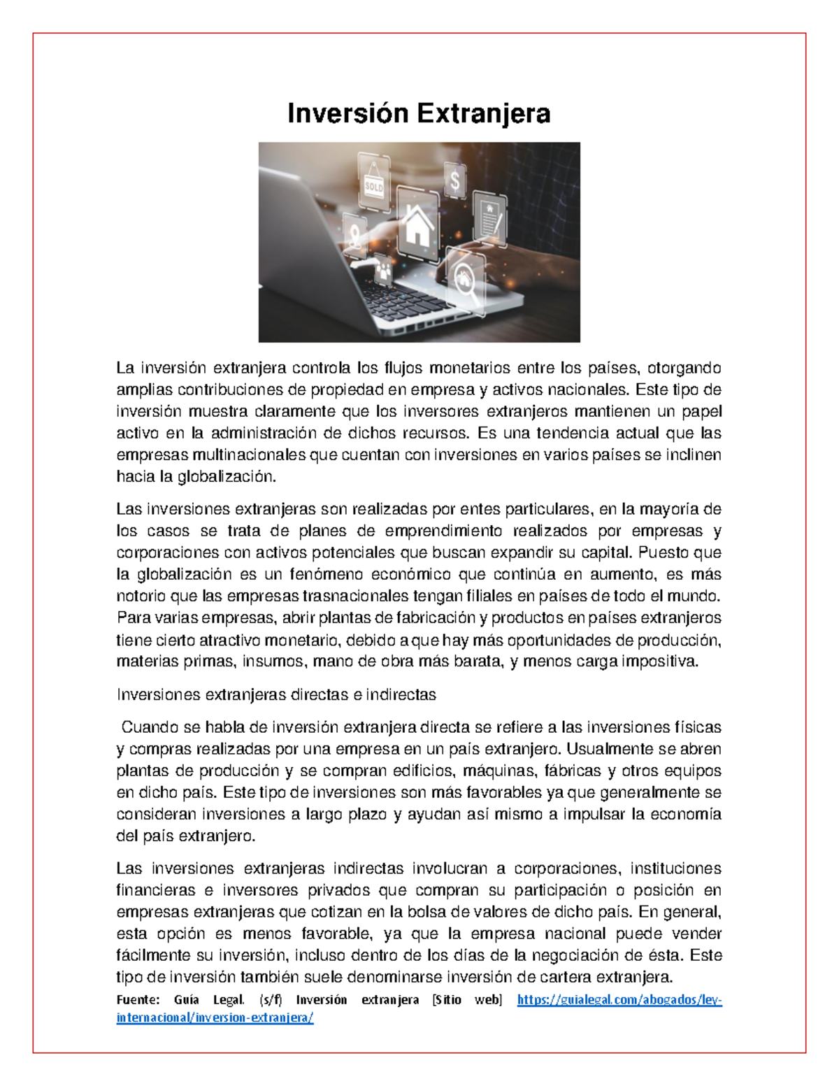U6 Inversión Extranjera Directa e Indirecta - Fuente: Guía Legal. (s/f ...