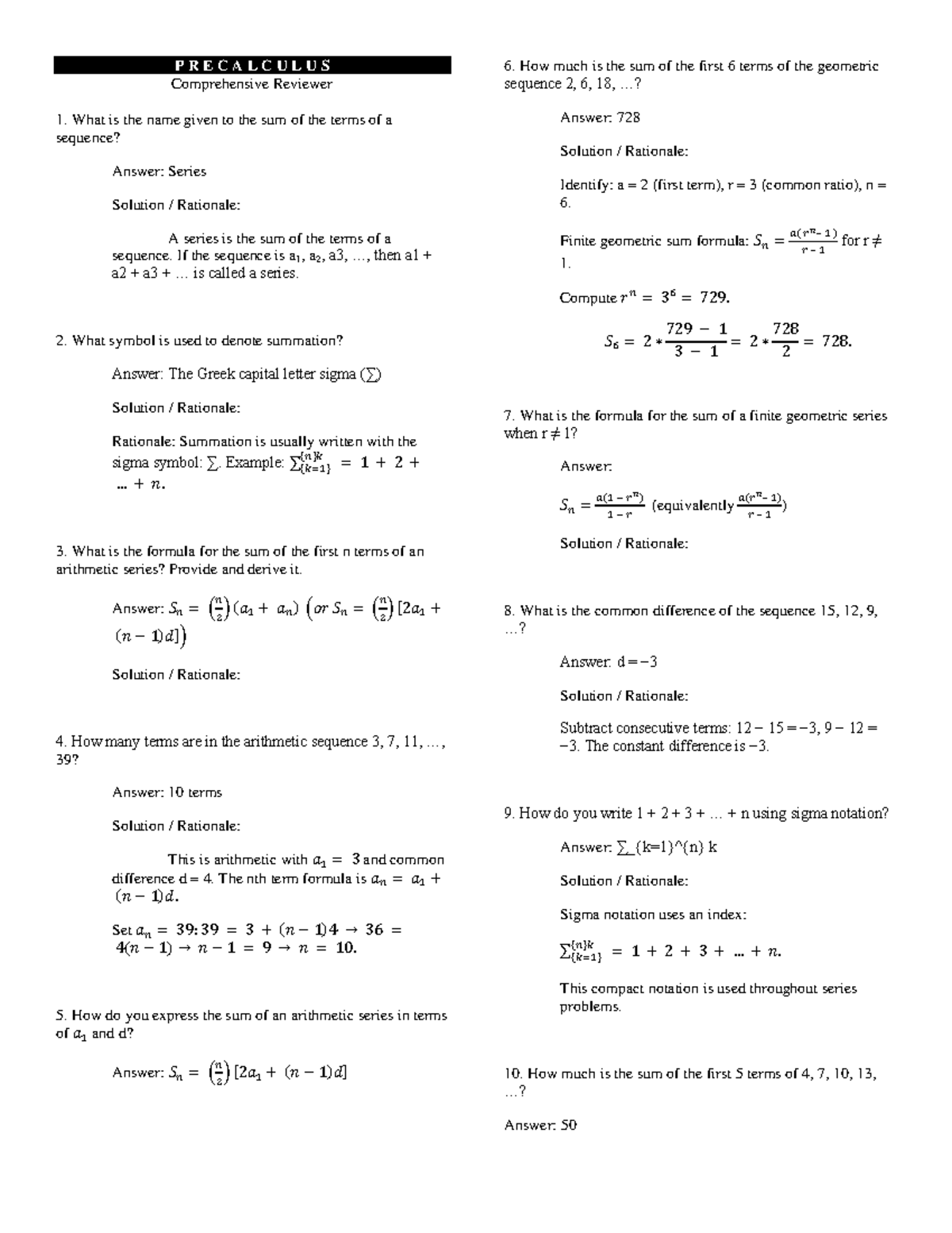 Final Exam PRECALCULUS Comprehensive Reviewer - Studocu