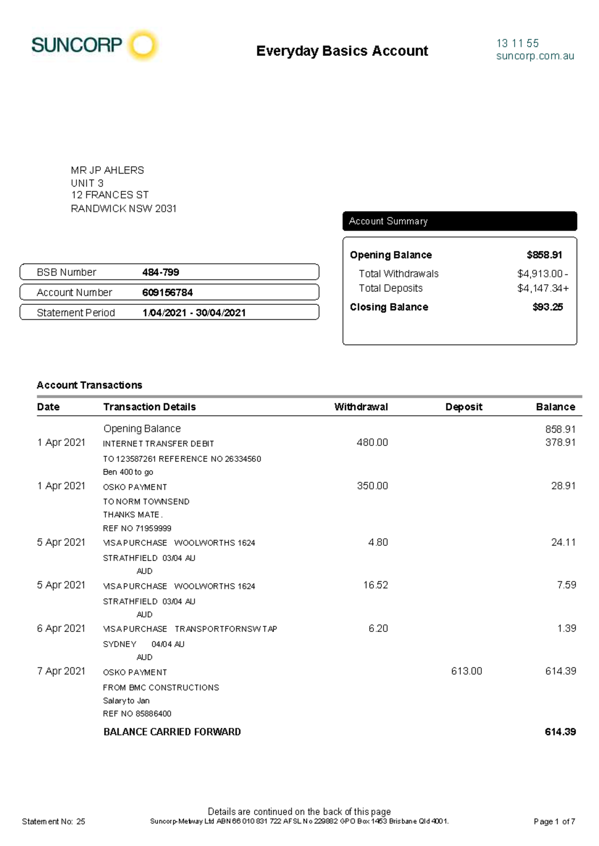 Suncorp Bank Statement April 2021 - Account Summary & Transactions ...
