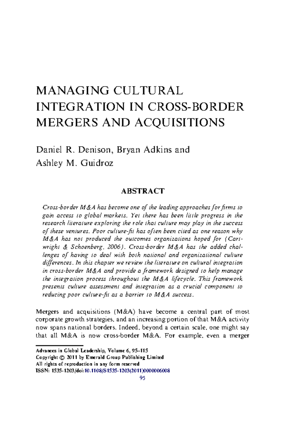 Managing cultural integration Denision et al 2011 - MANAGING CULTURAL ...