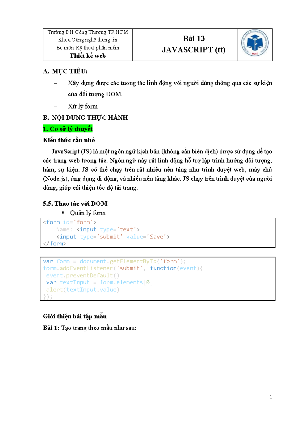 Bài 13: Thiết Kế Web với JavaScript - Tương Tác DOM và Xử Lý Form - Studocu