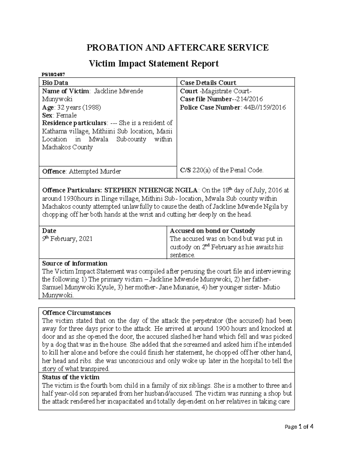 Victim Impact Statement -Mwende Ngila - PROBATION AND AFTERCARE SERVICE ...