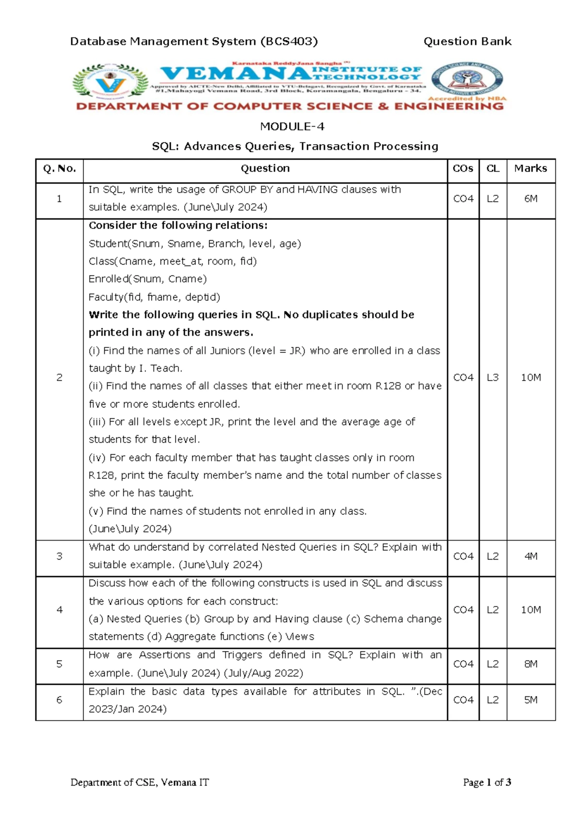 BCS403 DBMS Question Bank: Relational Model & Algebra Concepts - Studocu
