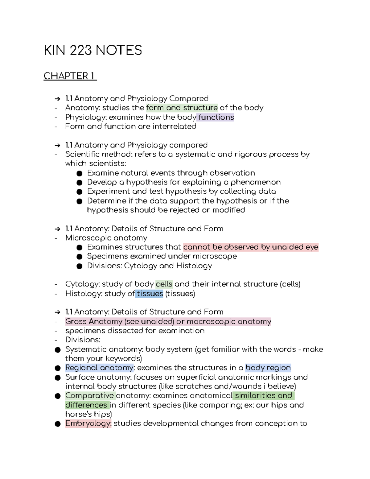KIN 223 Chapter 1 - Anatomy and Physiology Integration Notes - Studocu
