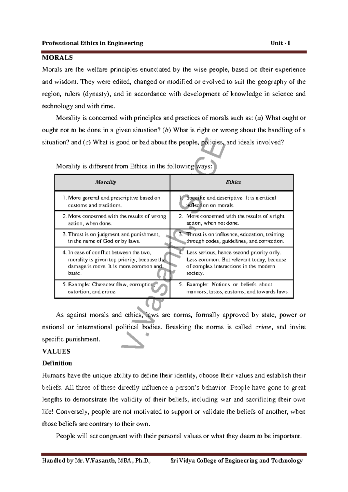 Professional Ethics in Engineering: Unit I Overview and Morality ...