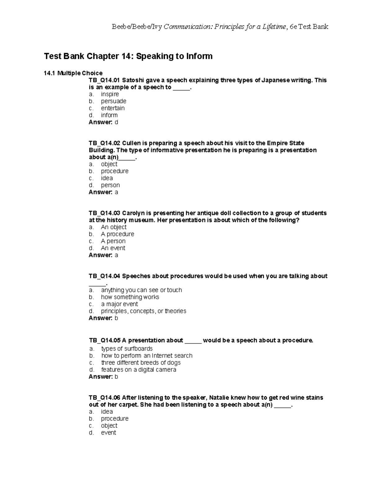 Beebe Comm 6e TB ch14 - questions - Test Bank Chapter 14: Speaking to ...
