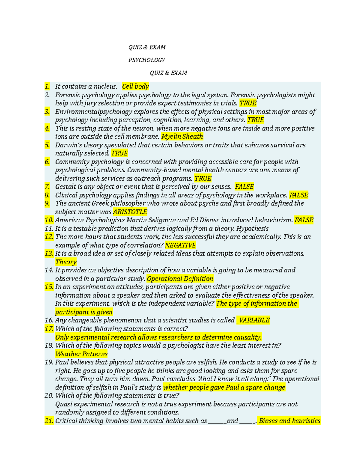 Quiz & Exam Notes for Psychology Course PSY 101 - Studocu