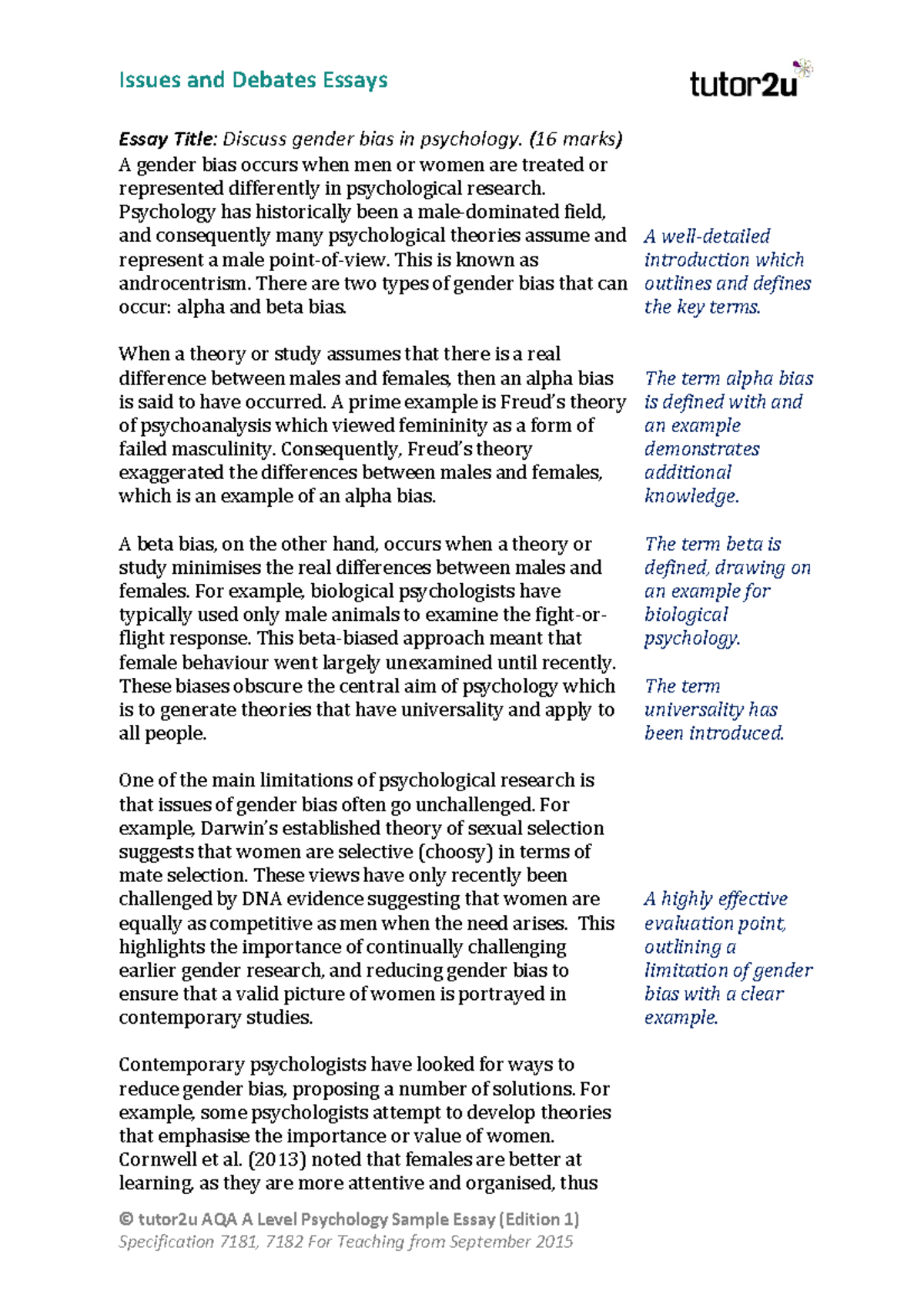 AQA Psychology 08.1a Essay on Gender Bias Analysis and Feedback - Studocu
