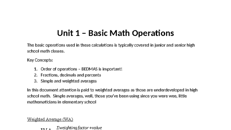 Unit 1: Basic Math Operations & Weighted Averages - Studocu