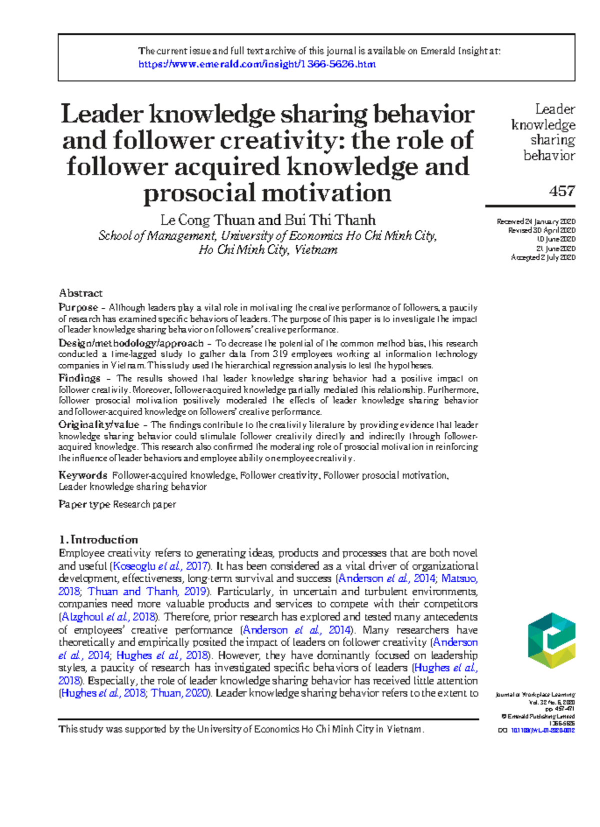 Leader Knowledge Sharing Behavior and Follower Creativity: Insights ...