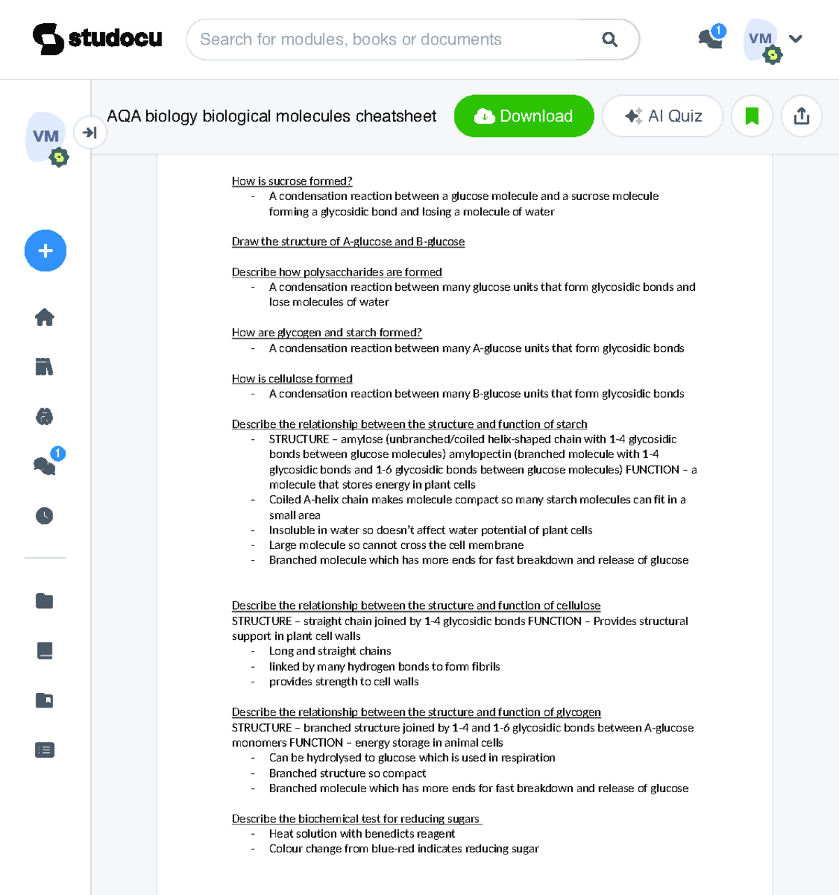 AQA biology biological molecules cheatsheet - A-Level Biology Topic 1 ...