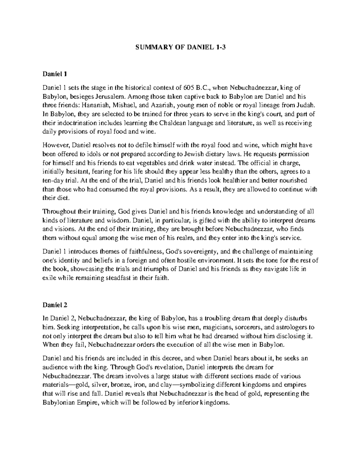 Summary of Daniel 1-3 Notes for biblical interpretation - SUMMARY OF ...