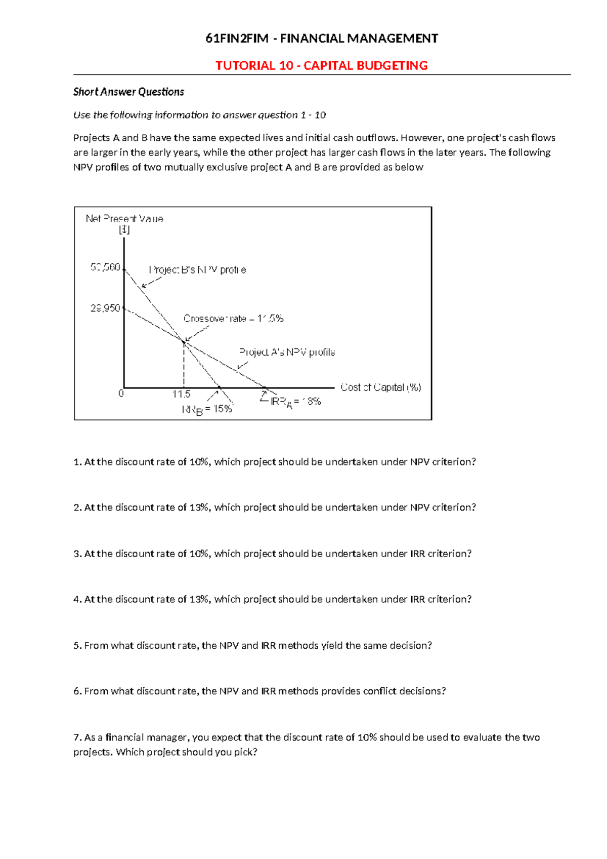 Tutorial 10 Capital Budgeting - 61FIN2FIM - FINANCIAL MANAGEMENT ...