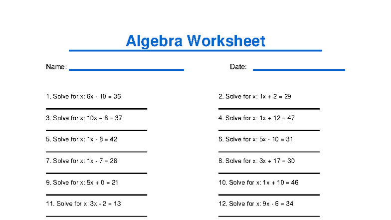 Algebra Worksheet 5: Solve for x Problems and Answers - Studocu