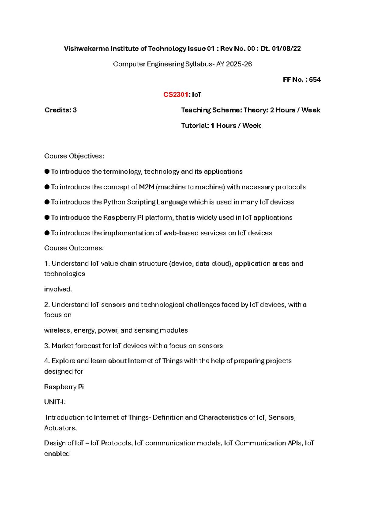 CS2301: IoT Syllabus - Vishwakarma Institute of Technology - Studocu