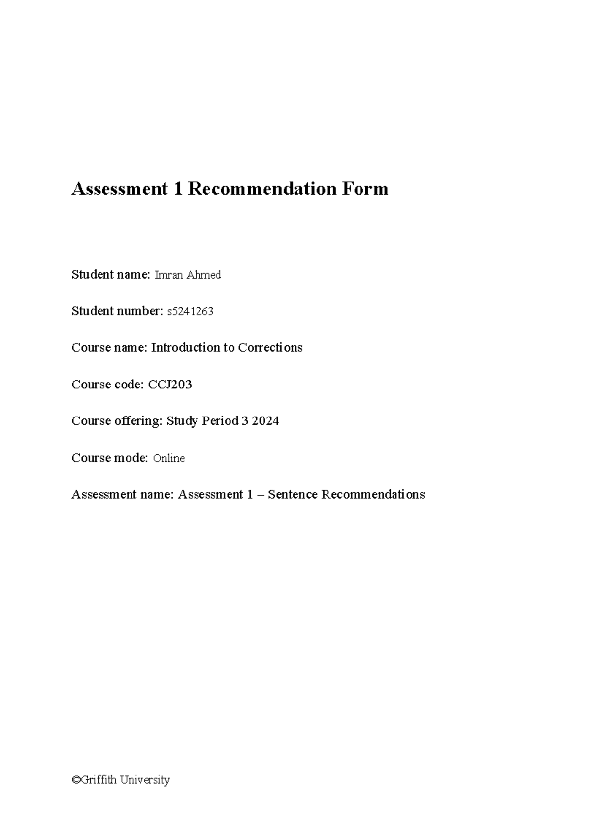 CCJ203 - Assessment 1 Recommendation Form Template - Assessment 1 ...