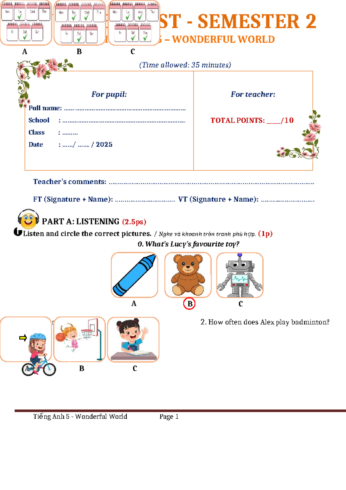 2025.WW5 - Written Test 2 - 4 Skills in Tiếng Anh 5 - Studocu