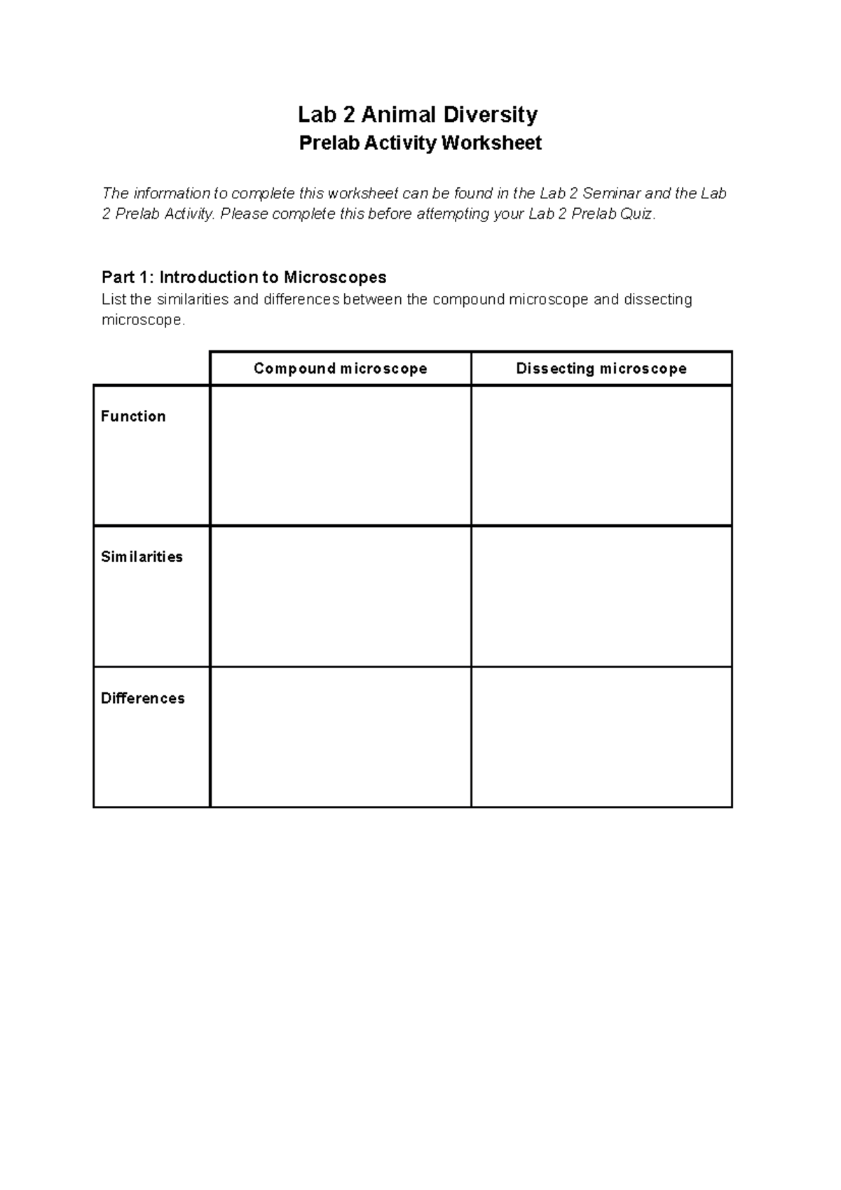 BIO1022 - Lab 2 Prelab Activity Worksheet for Animal Diversity 2023 ...