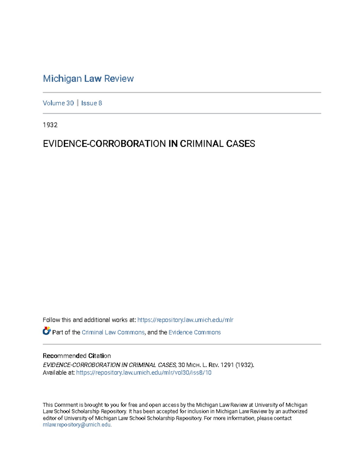 Michigan Law Review Vol. 30 Issue 8 (1932): Evidence & Corroboration in ...