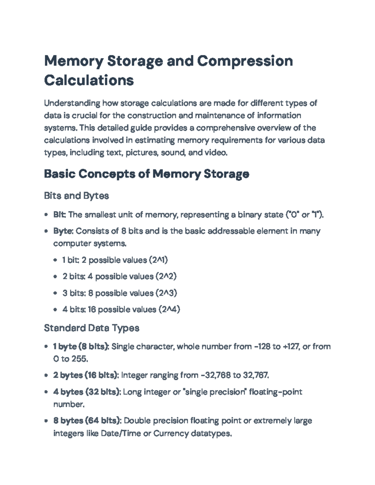 Memory Storage and Compression Calculations for IT Systems - Memory ...