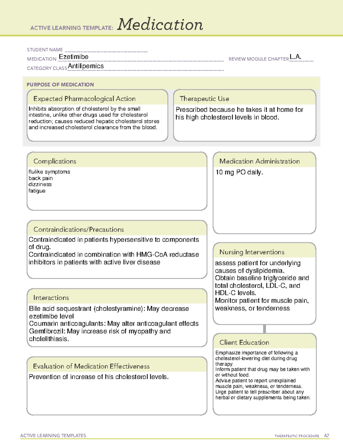 Ezetimibe Medication Form - ATI Active Learning Template - Studocu