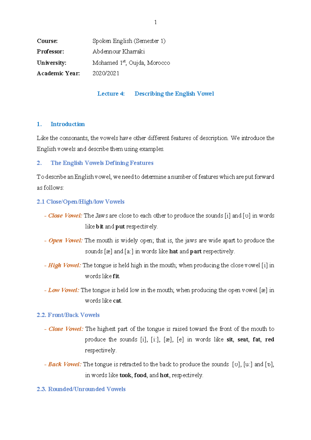 Spoken English S1 Lecture 5: Understanding English Vowel Sounds - Studocu