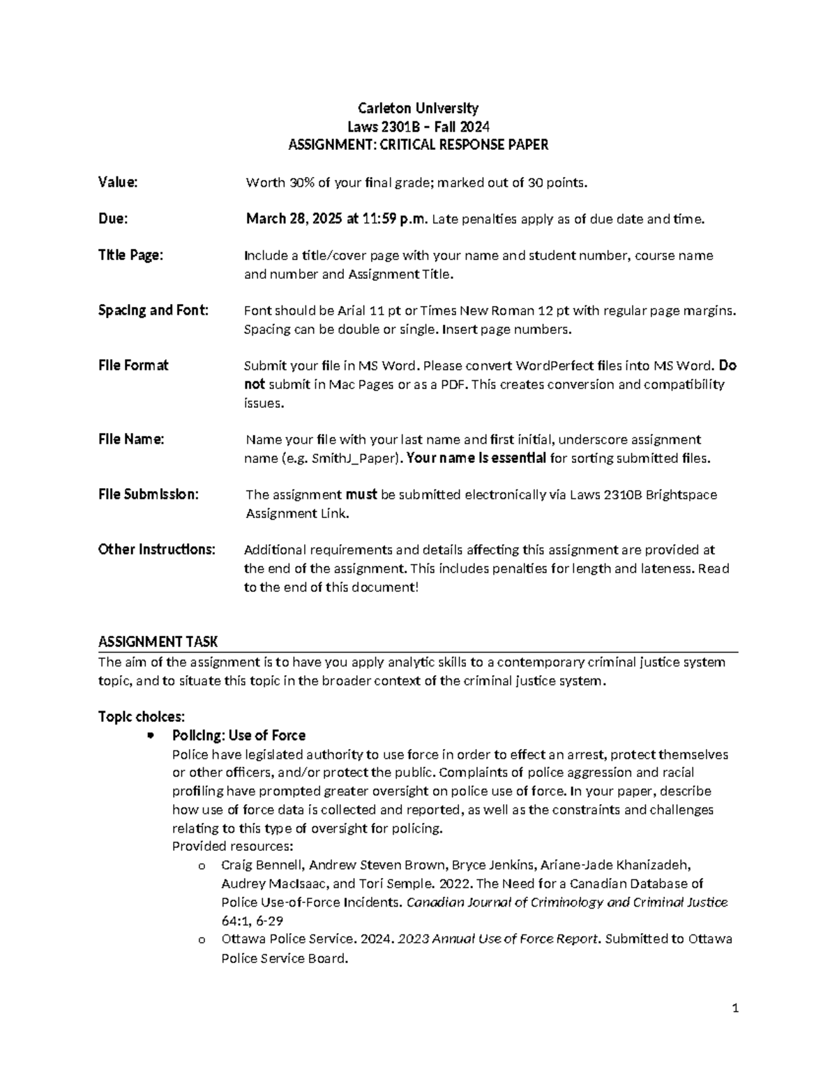 Critical Response Paper Guidelines for Laws 2301B - Fall 2024 - Studocu
