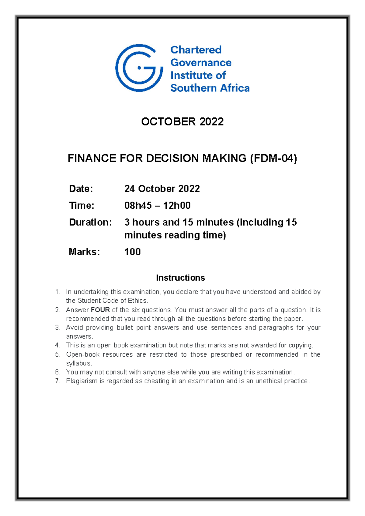 Finance for Decision Making Exam Paper - October 2022 - Studocu
