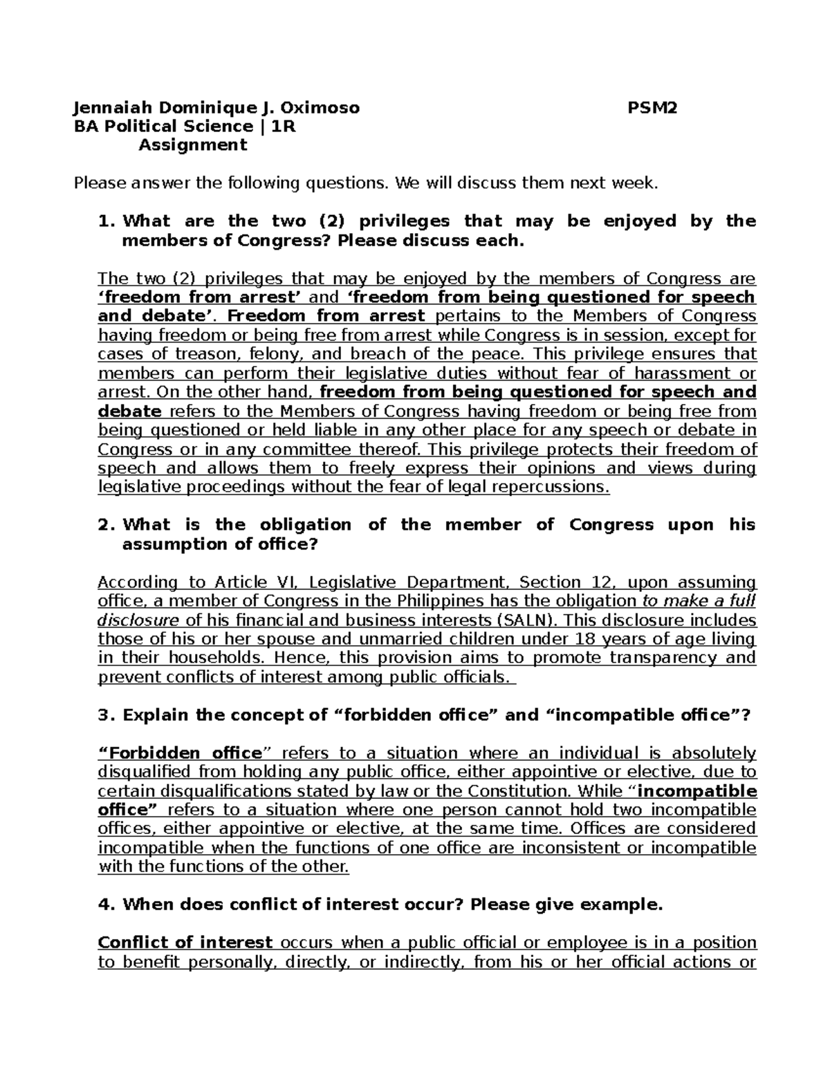 PSM2 Assignment - Privileges and Obligations of Congress Members - Studocu