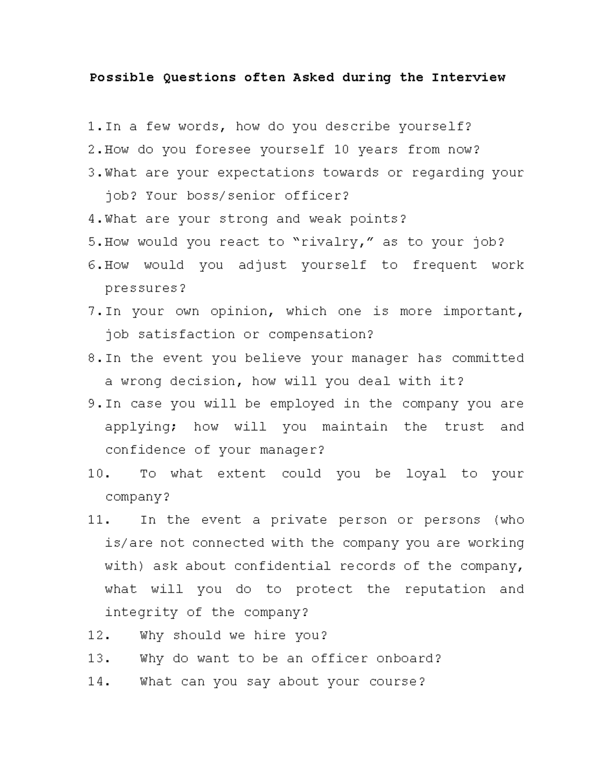 Interview Questions for Marine Engineering Positions - Studocu