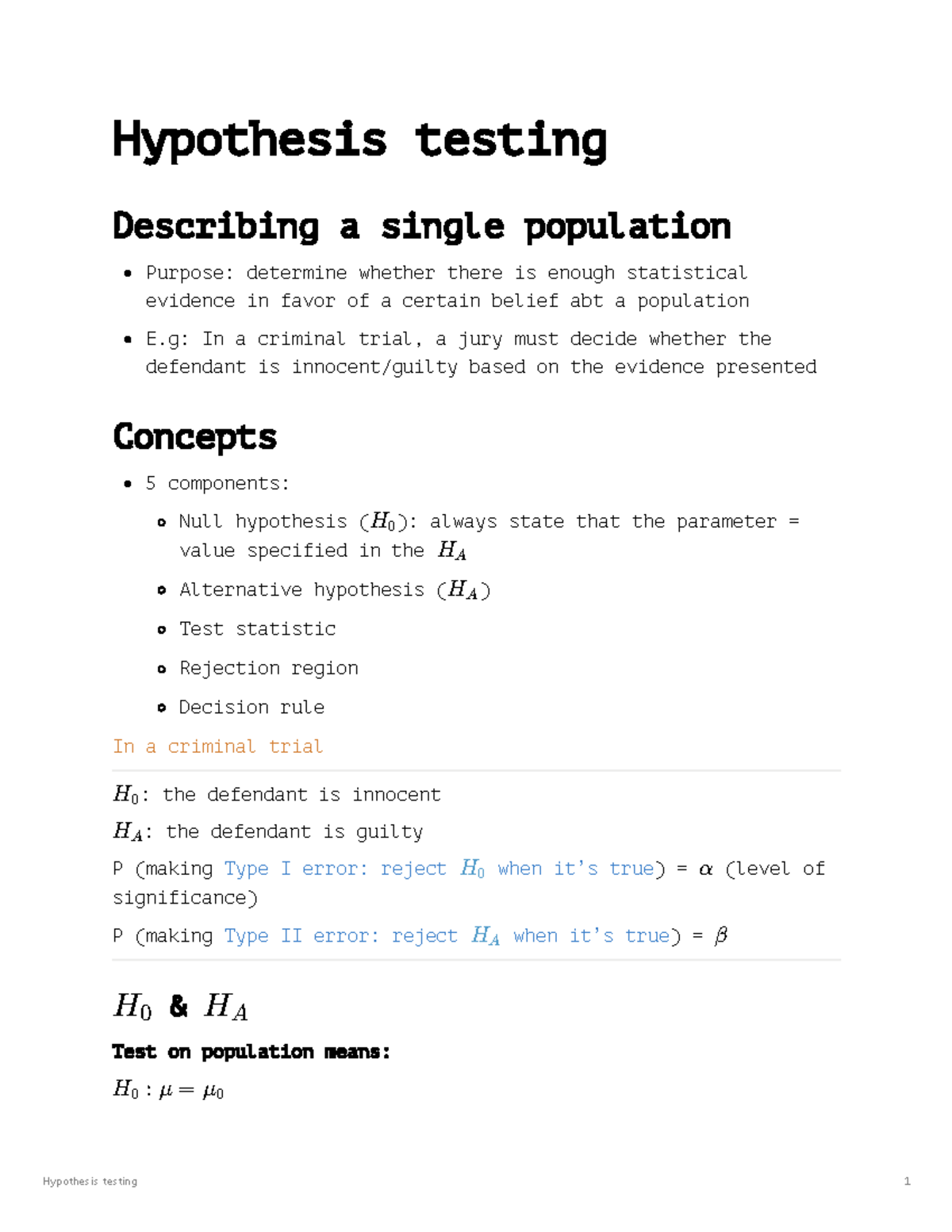 Hypothesis Testing on a Single Population: Concepts & Examples - Studocu