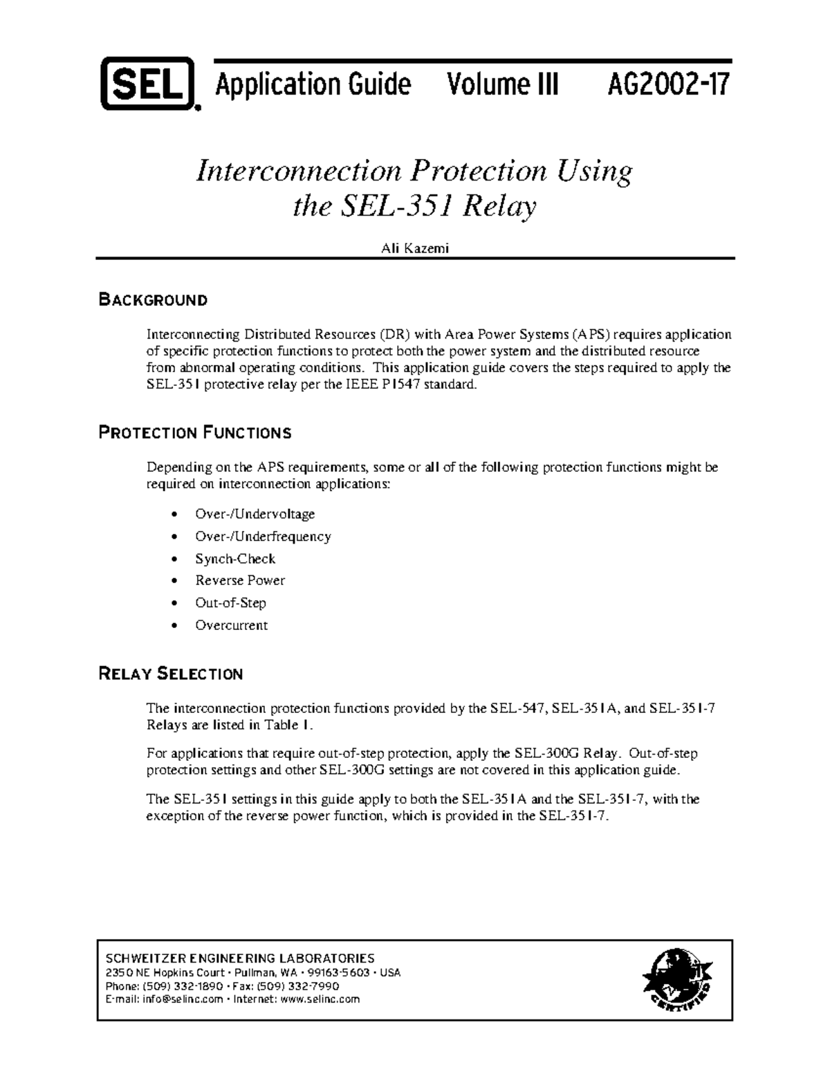 AG2002-17: SEL-351 Relay Interconnection Protection Guidelines - Studocu