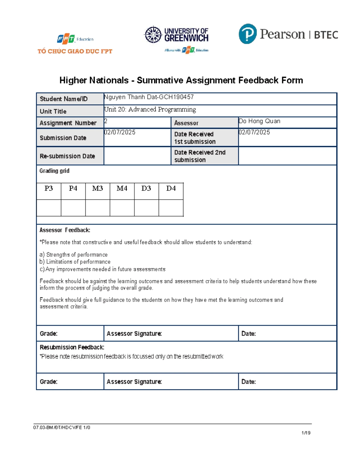 Unit 20: Advanced Programming - Summative Assignment Feedback for ...