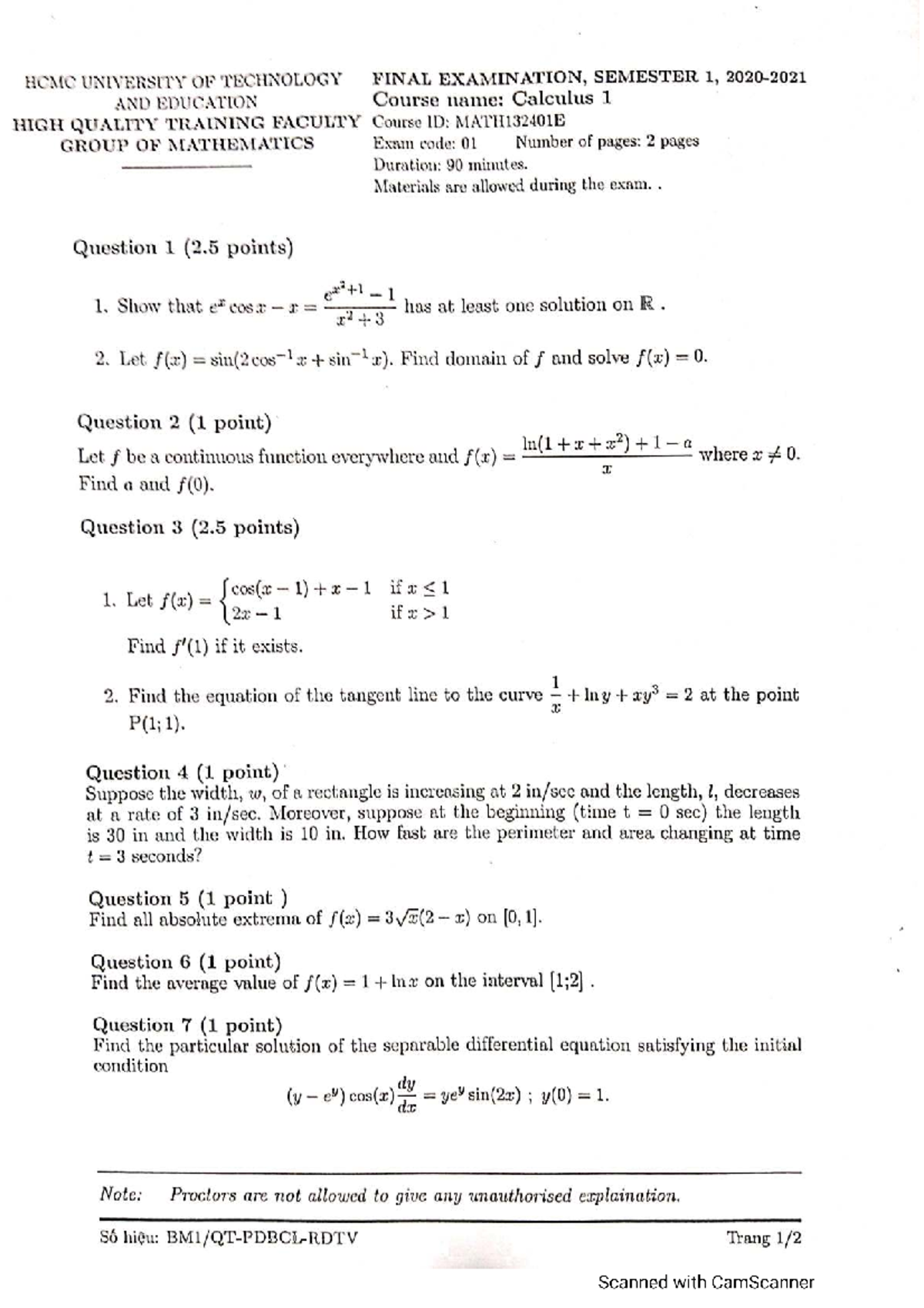 MATH132401E Calculus 1 Final Exam Questions and Solutions - Studocu