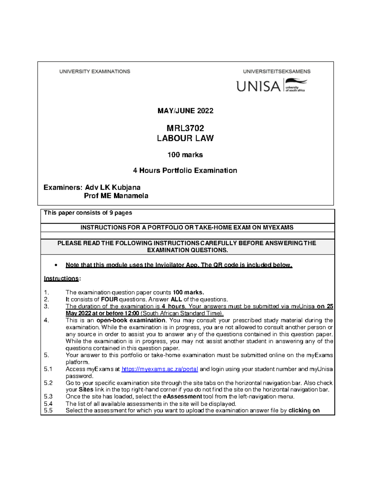MRL3702 Final Exam - May/June 2022 Labour Law Question Paper - Studocu