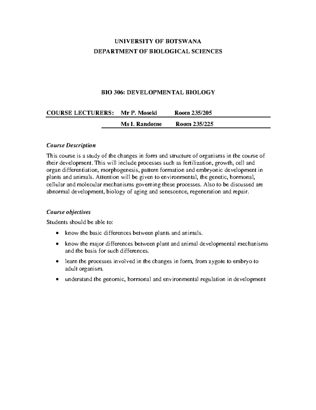 BIO 306 Developmental Biology Course Outline & Structure 2024 - Studocu