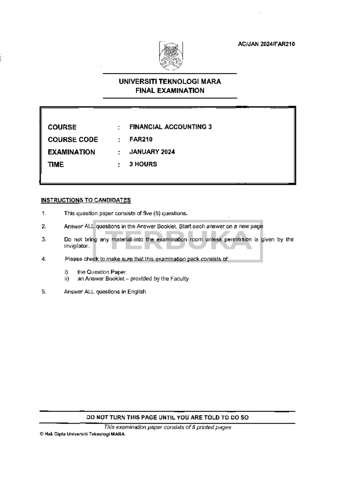 FAR210 Final Exam JAN2024 - Financial Accounting 3 Past Year Questions ...