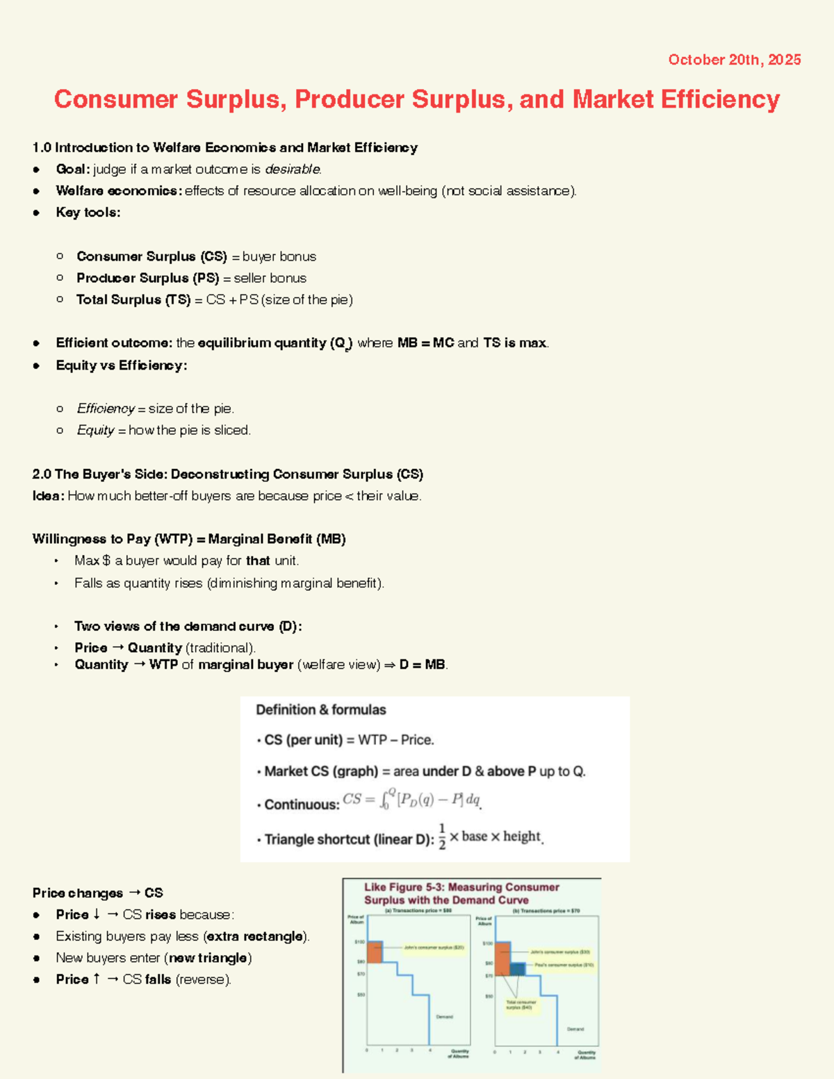 Microeconomics - CLASS NOTES: Consumer Surplus, Producer Surplus, and ...