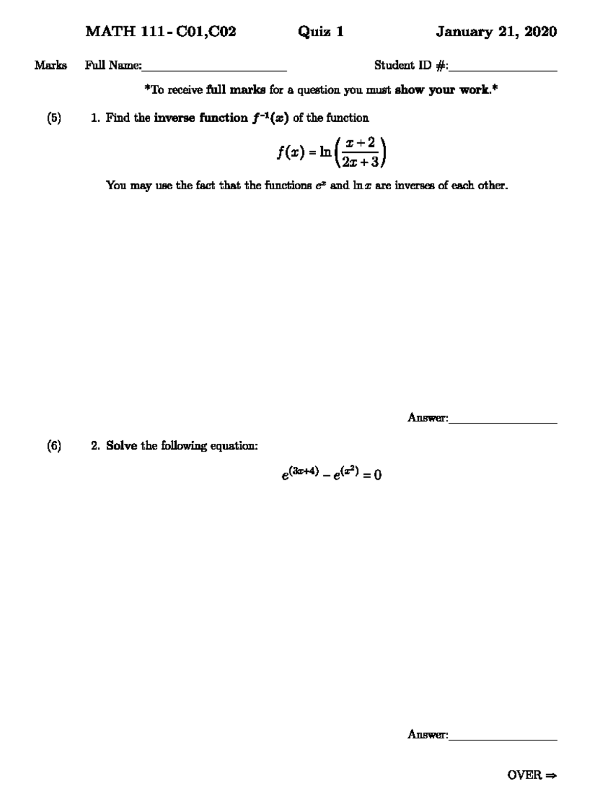 MATH 111 Quiz 2 - MATH 111 - MATH Quiz 1 January 21, 2020 Marks Full ...