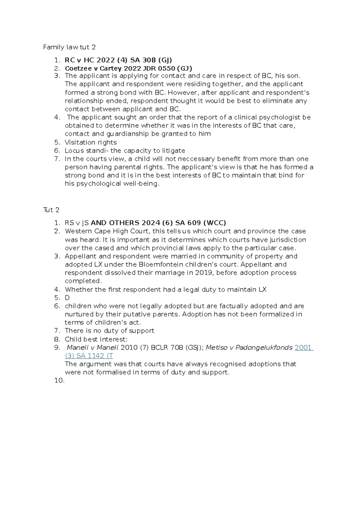 Family Law Tutorial 2 (LAW 101): Key Cases and Concepts Analysis - Studocu