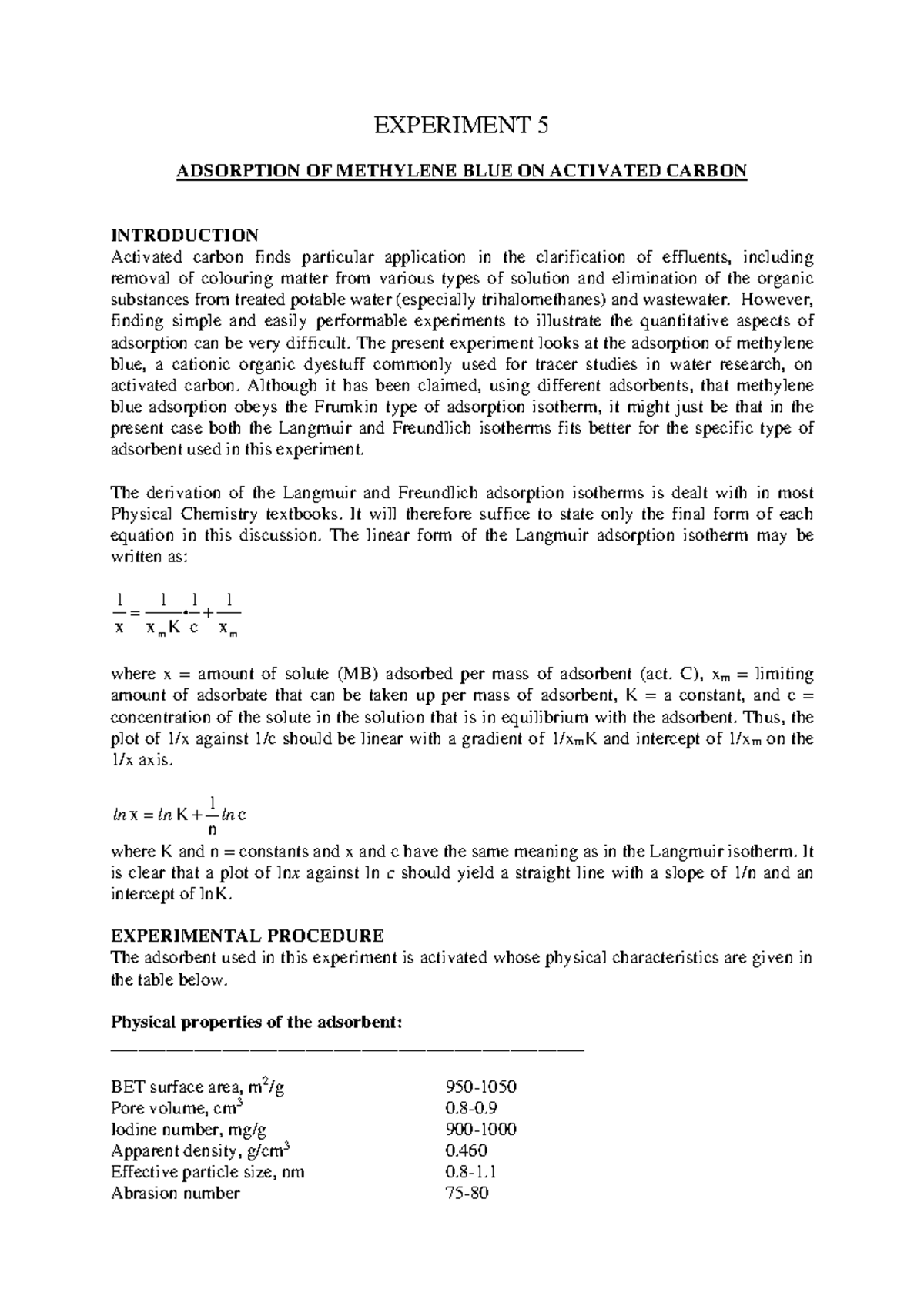 Experiment 5 - Adsorption of Methylene Blue on Activated Carbon - Studocu