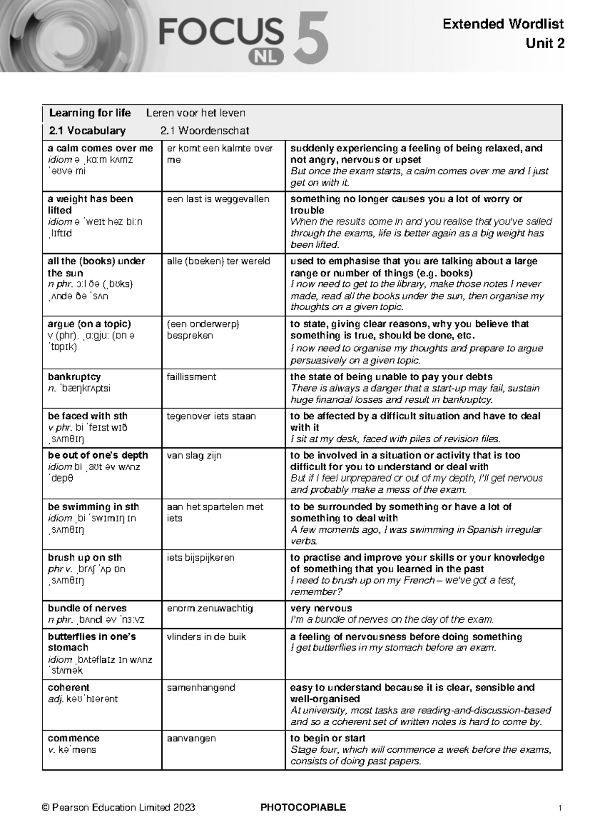 Focus NL PEP5 Vocabulary Wordlist Unit 2 - Studeersnel