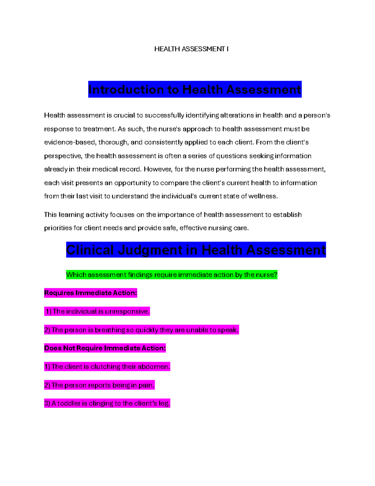 HEALTH ASSESSMENT I: Comprehensive Study Notes and Key Concepts - Studocu