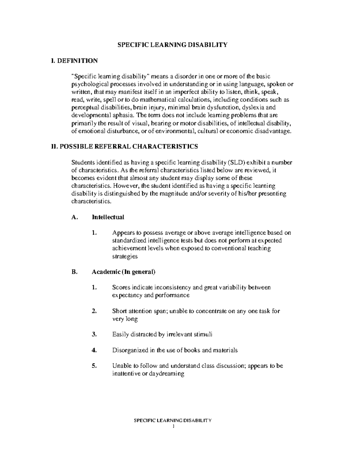 Specific Learning Disability: Characteristics and Evaluations Guide ...