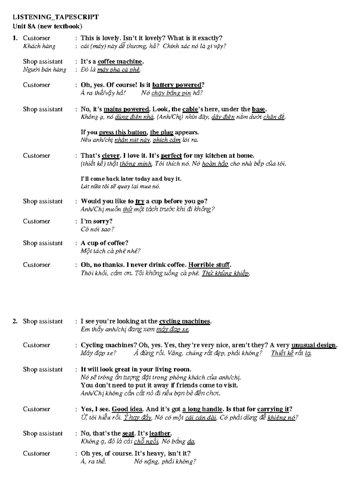 Tapescript Unit 8A: Customer and Shop Assistant Dialogue - Studocu