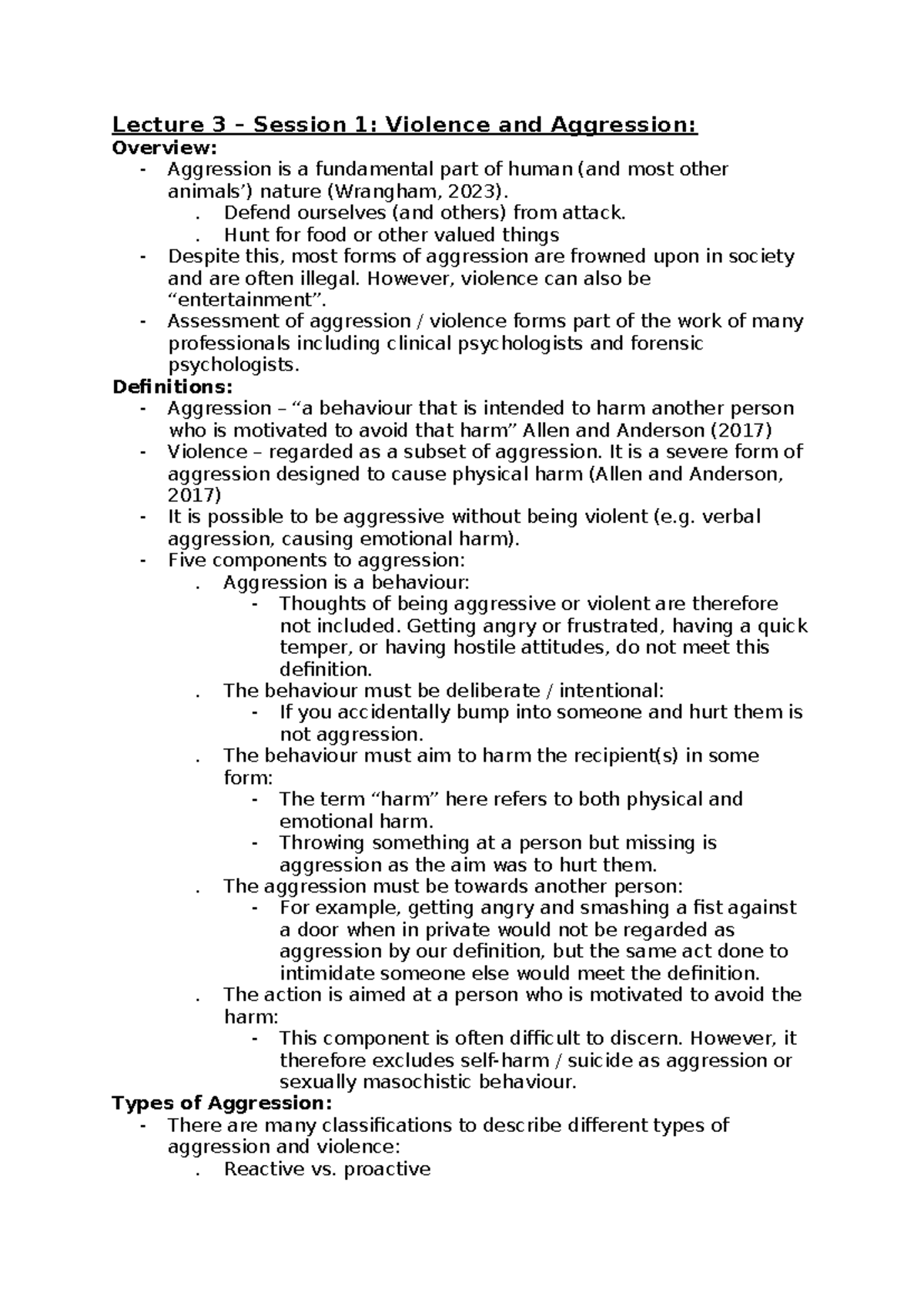 Lecture 3.1: Overview of Aggression and Violence Dynamics - Studocu