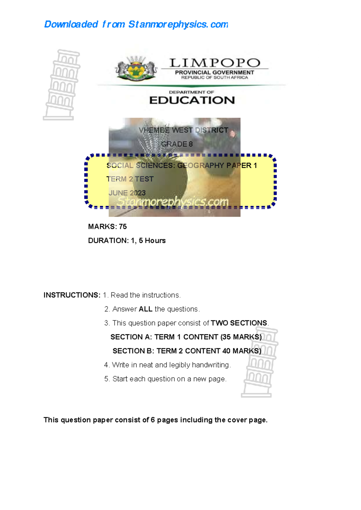 Grade 8 Social Sci: Geography Term 2 Test QP - June 2023 - Studocu