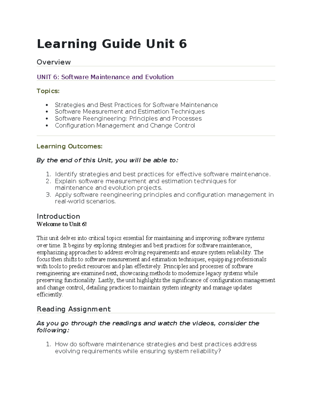 Unit 6 Learning Guide: Software Maintenance & Evolution Strategies ...