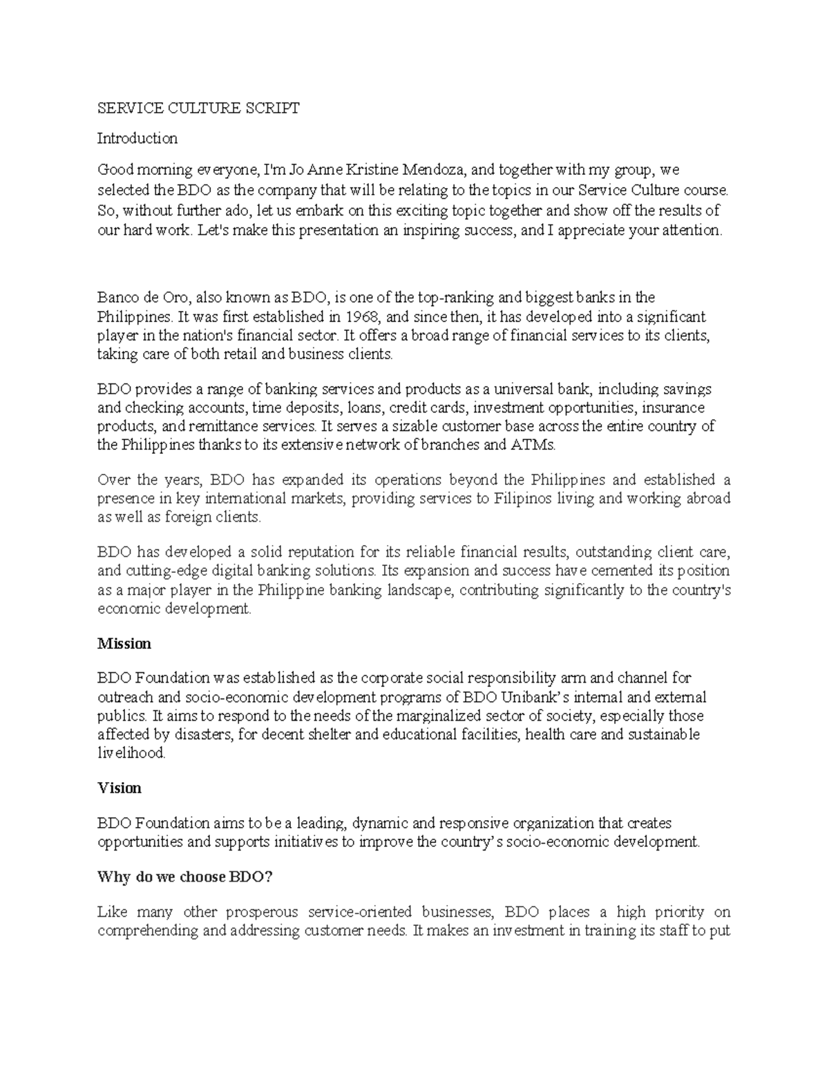 Service Culture Script - SERVICE CULTURE SCRIPT Introduction Good ...