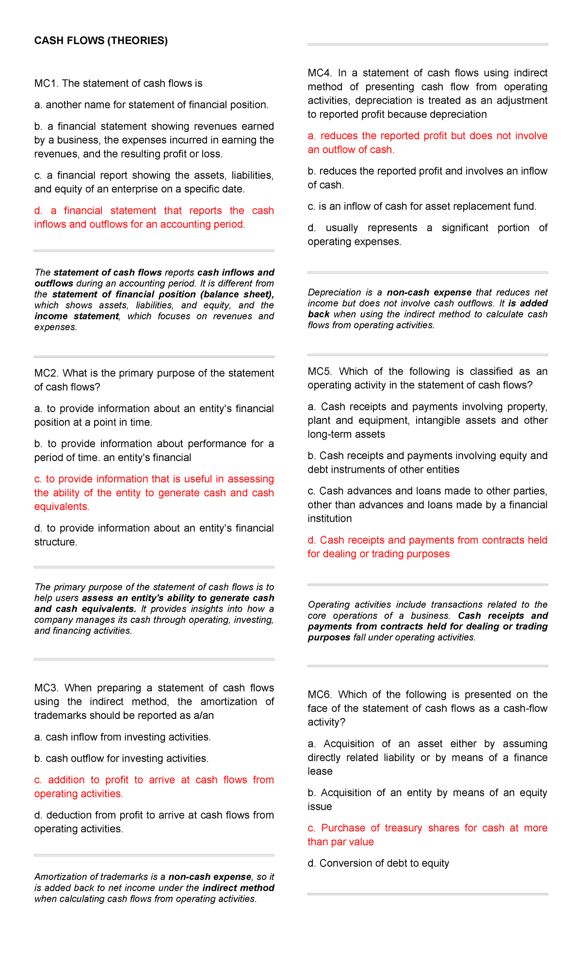 CF Theories: Questions and Answers Explained on Cash Flows - Studocu